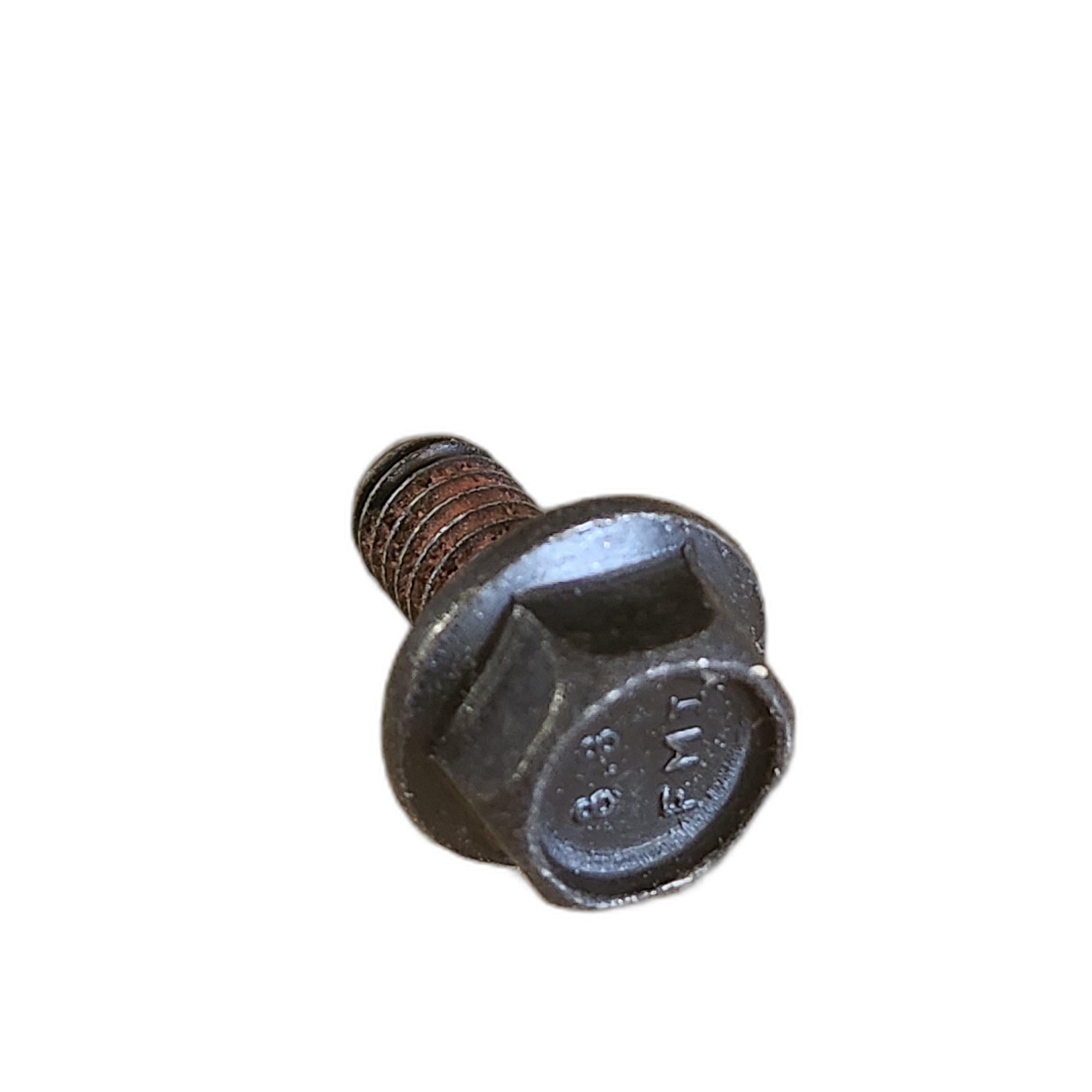 A close-up photo of a single Screw-Hxflghd,M6X12 by Polaris, a metal hex bolt with flanged head and partially threaded shaft, slightly rusted and isolated on white background.