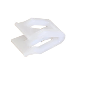 The Clip-Trim Plastic White by Polaris is a small, white plastic buckle with two prongs and rectangular openings, designed for securing straps—ideal for use with Polaris OEM or Indian motorcycle parts.