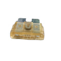 A close-up of a yellow Fuse-Atc 25 Amp by Polaris, an automotive blade fuse with two metal prongs, isolated on white; commonly used in OEM Indian Polaris parts and Indian motorcycle electrical systems.