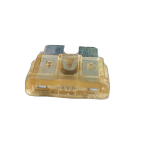 A close-up of a yellow Fuse-Atc 25 Amp by Polaris, an automotive blade fuse with two metal prongs, isolated on white; commonly used in OEM Indian Polaris parts and Indian motorcycle electrical systems.