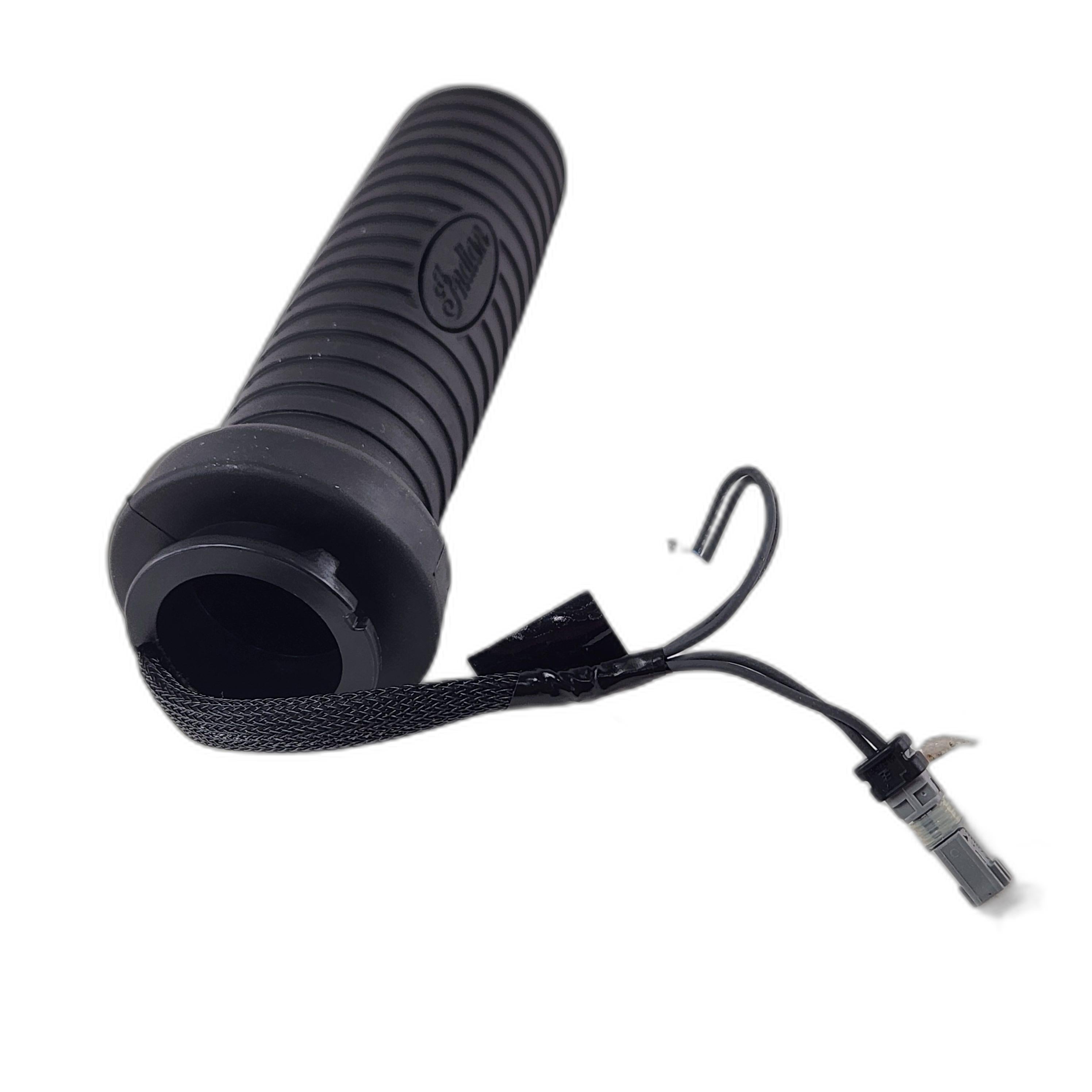 A black ribbed Grip-Non-Throttle, Clamp, Heated by Polaris with an attached wiring connector and plug is shown on a white background—an essential OEM part for Indian motorcycles.