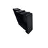 A black plastic Saddlebag Organizer Tray by Disruptive Misfit Solutions, featuring an angular, open-ended design with ridges, a circular hole, and VICTA embossed on one side, rests on a white mat in a workshop.