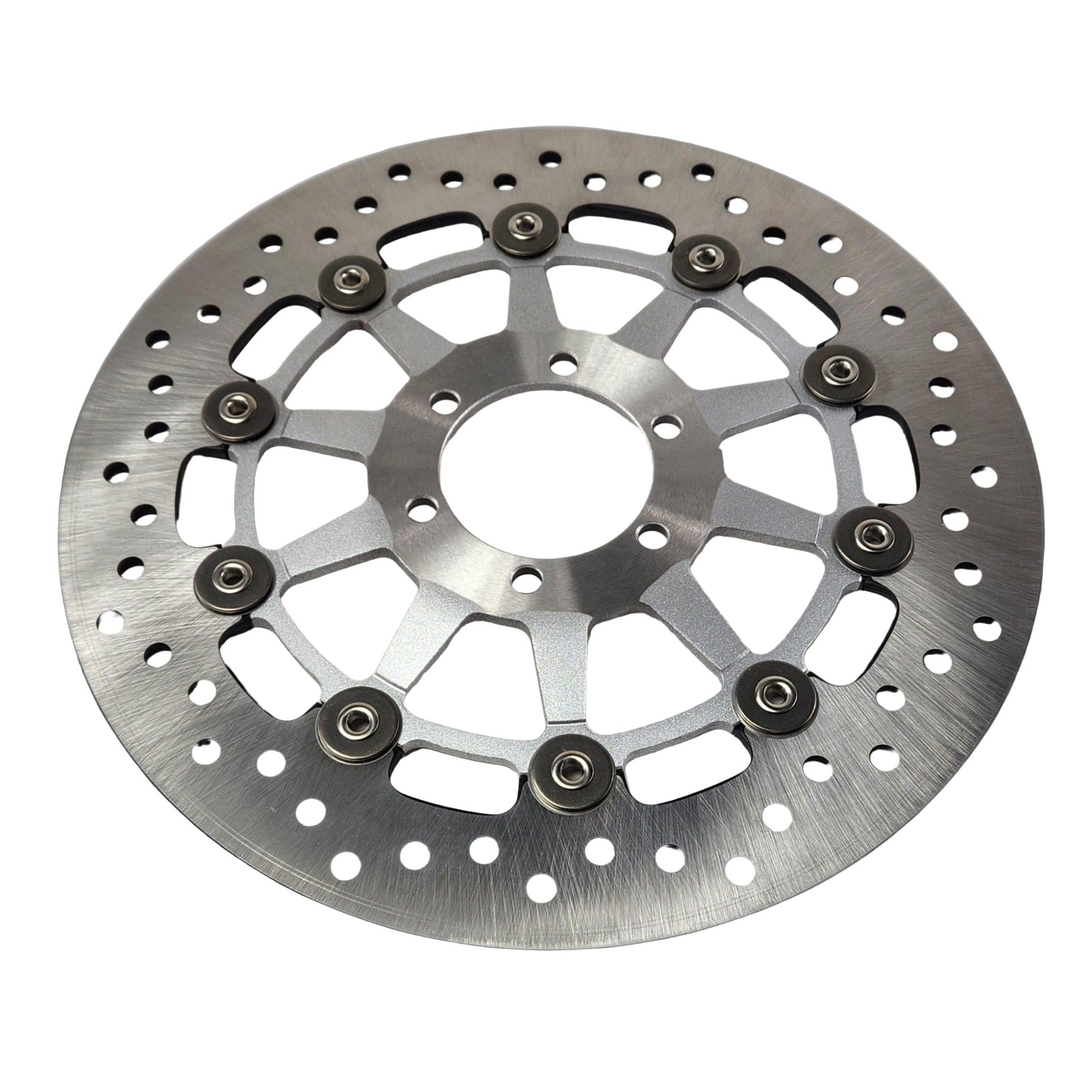 A round, silver Rotor, Brake [Hammer] by Polaris featuring multiple holes and a patterned inner hub, compatible with OEM Victory Polaris parts, shown isolated on a white background.