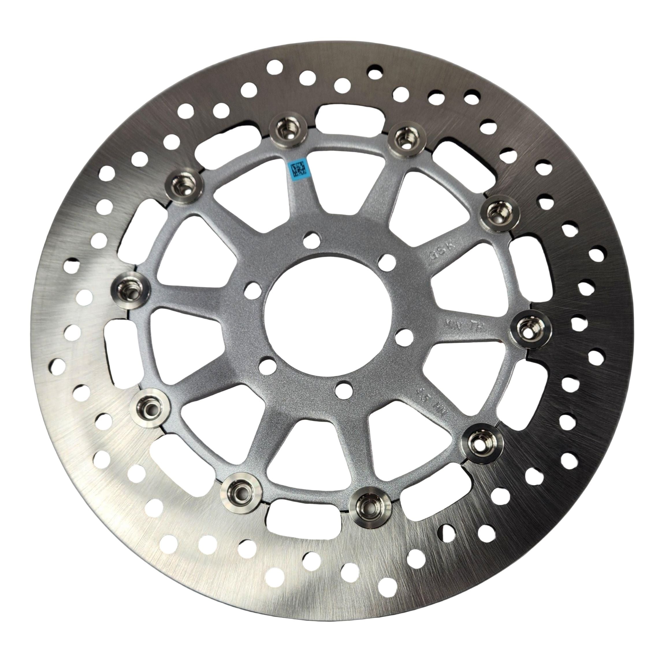 A silver, round Brake Rotor [Hammer] by Polaris with multiple holes and bolts and a patterned inner design is shown on a white background—perfect for those needing premium OEM Victory or Polaris parts.