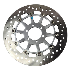 A silver, round Brake Rotor [Hammer] by Polaris with multiple holes and bolts and a patterned inner design is shown on a white background—perfect for those needing premium OEM Victory or Polaris parts.