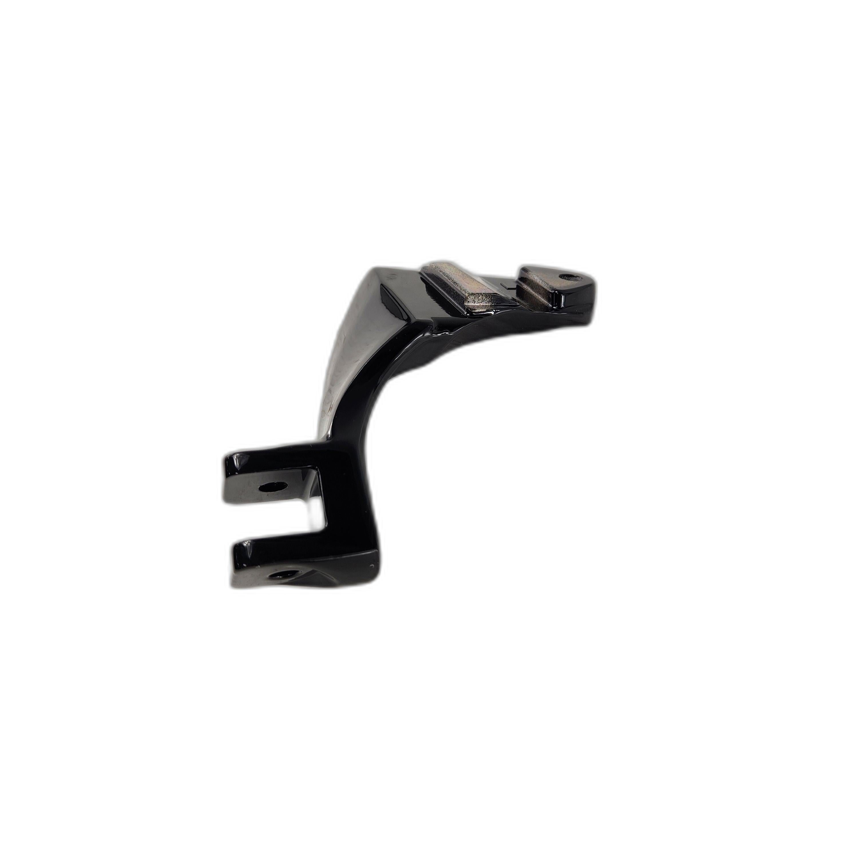 The Support, Footpeg, Pass, Black, LH by Polaris is a black L-shaped metal bracket with two holes on each end—perfect as a support footpeg or for use with OEM Victory Polaris parts. Isolated on a white background.