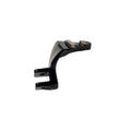 The Support, Footpeg, Pass, Black, LH by Polaris is a black L-shaped metal bracket with two holes on each end—perfect as a support footpeg or for use with OEM Victory Polaris parts. Isolated on a white background.