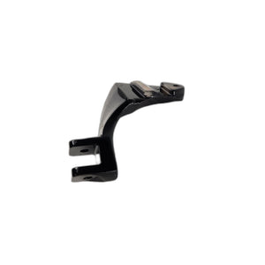 The Support, Footpeg, Pass, Black, LH by Polaris is a black L-shaped metal bracket with two holes on each end—perfect as a support footpeg or for use with OEM Victory Polaris parts. Isolated on a white background.