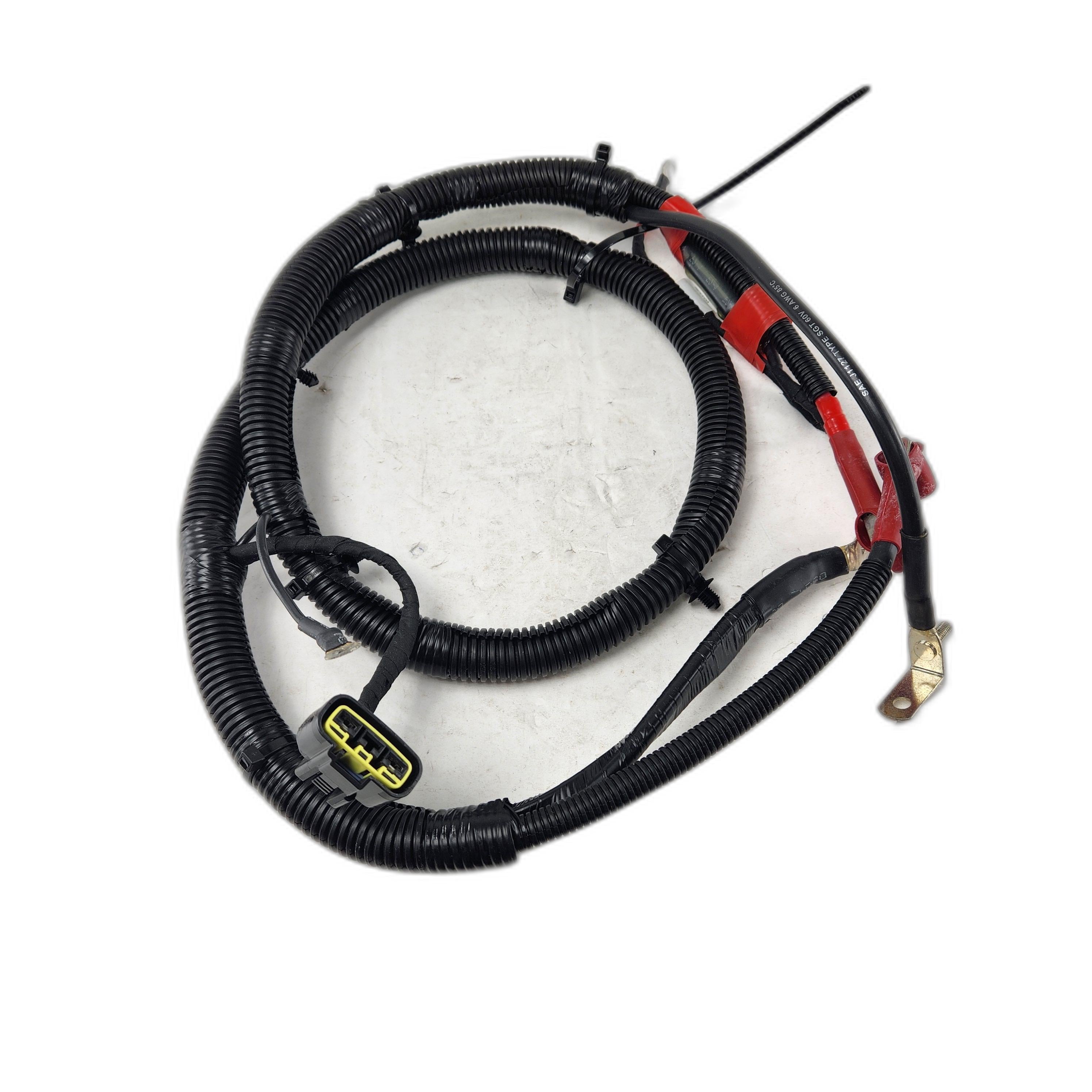 The Starter Wiring Harness by Can-Am features coiled black wires, corrugated tubing, yellow and red connectors, and a metal bracket—perfect for OEM ATV or Can-Am UTV parts replacement. Shown on a white background.