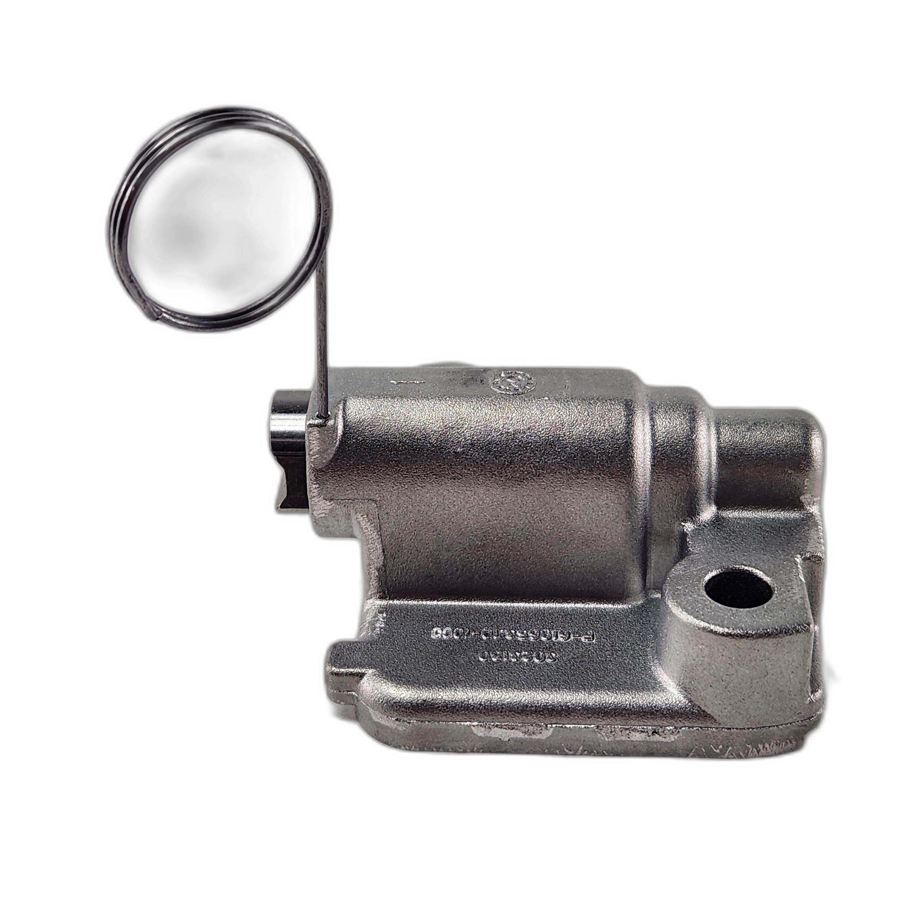 The Tensioner-Chain by Polaris, a metallic chain tensioner with an attached coiled spring wire for Polaris Off Road OEM vehicles, is shown on a white background—perfect for those needing authentic Polaris UTV parts.