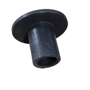 The Bushing, Flange by Polaris is a small black component with a wide flange and cylindrical hollow body, shown against a white background—perfect as a replacement part for Victory motorcycle applications.