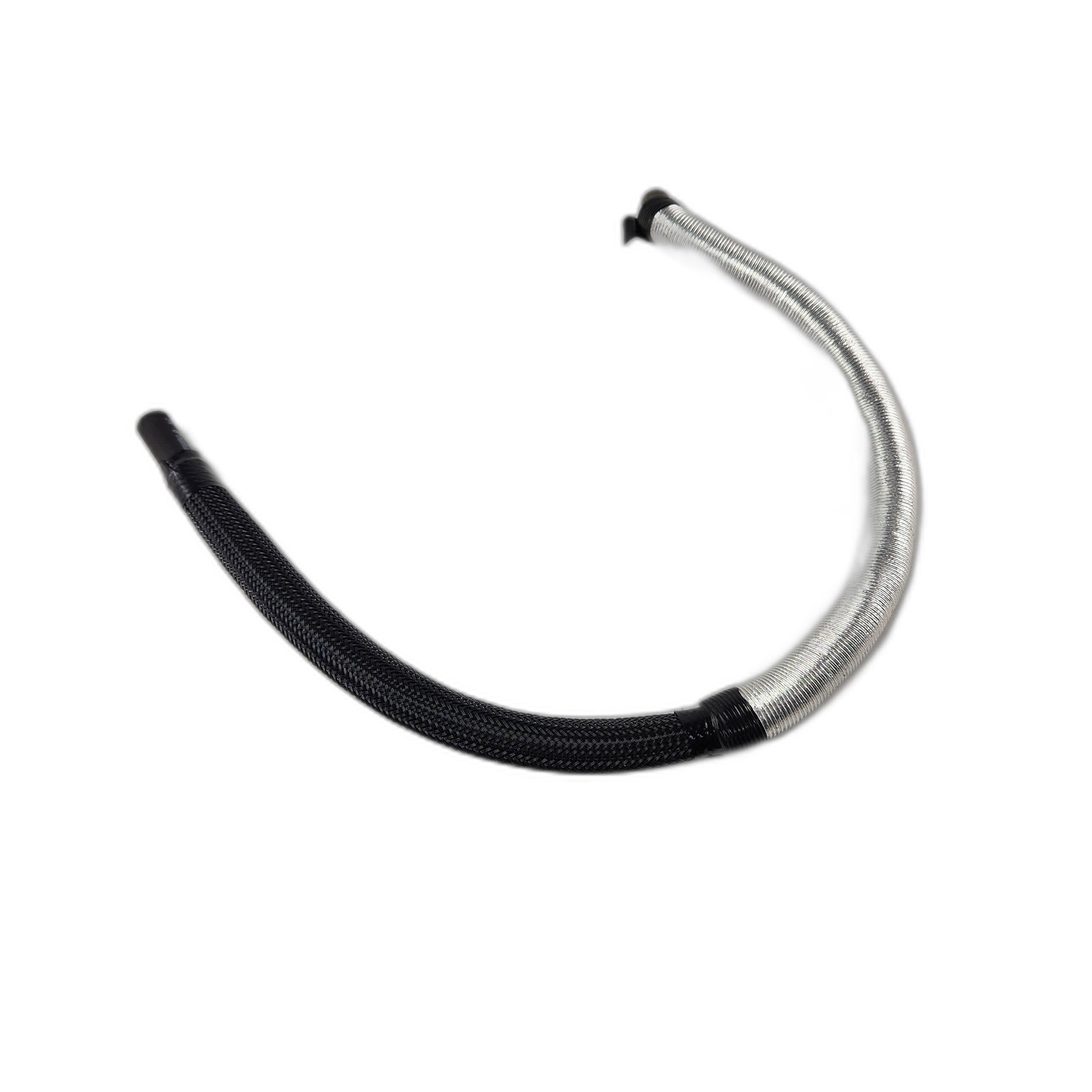 The High Pressure Fuel Line by CF Moto for UTV features black mesh on one half and silver mesh on the other, shown on a white background. OEM part 7030-120010-10001 guarantees quality and compatibility.