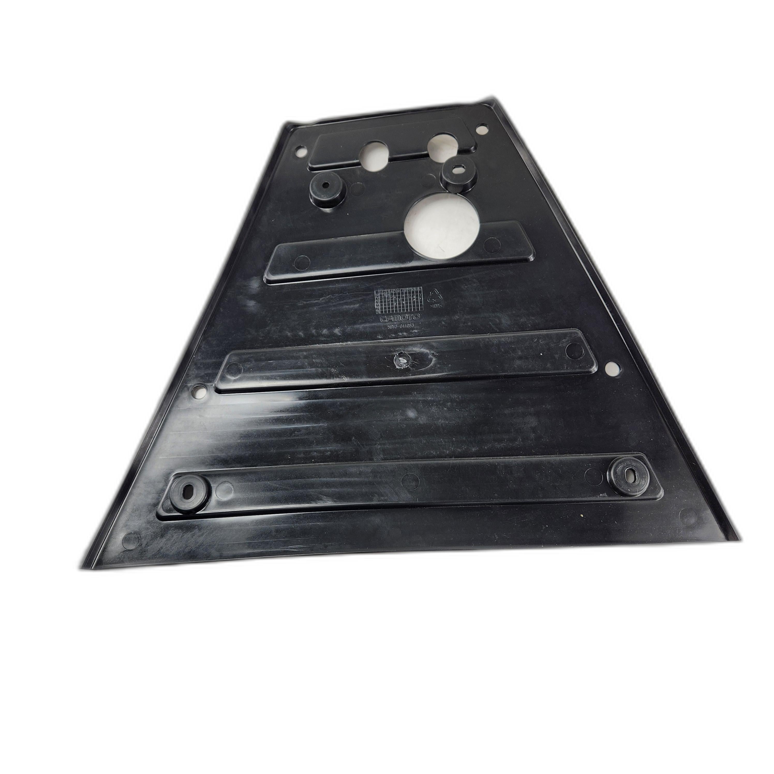 A black, triangular plastic panel with ridges, circular openings, and mounting points—the Rear Skid Plate by CF Moto is a must-have UTV accessory shown against a white background.
