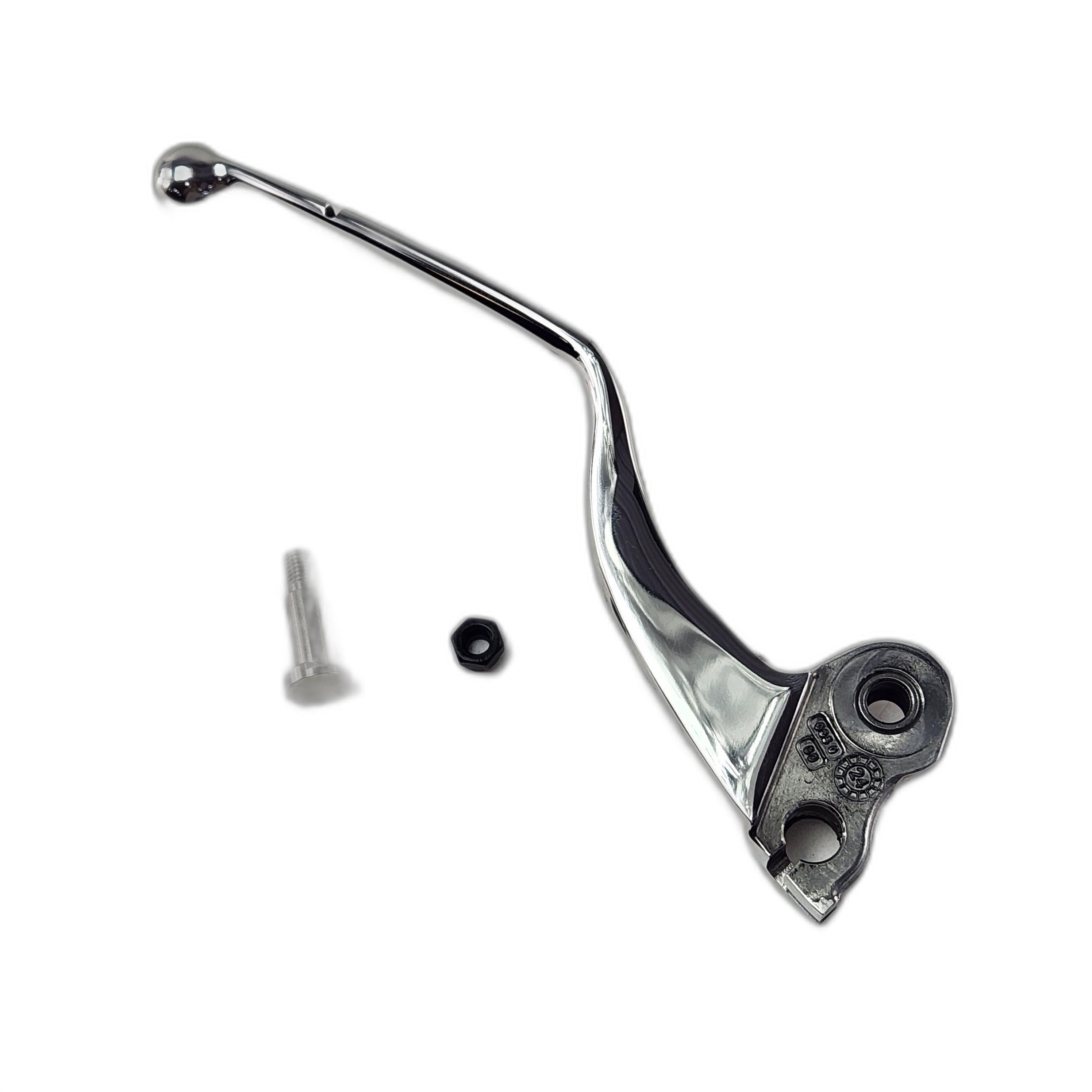 The Lever Asm Polished (Incl. Lever Rod Nut) by Polaris is a shiny chrome motorcycle brake lever with mounting bolt and black nut, shown on a white background—ideal for riders seeking quality Polaris OEM parts.