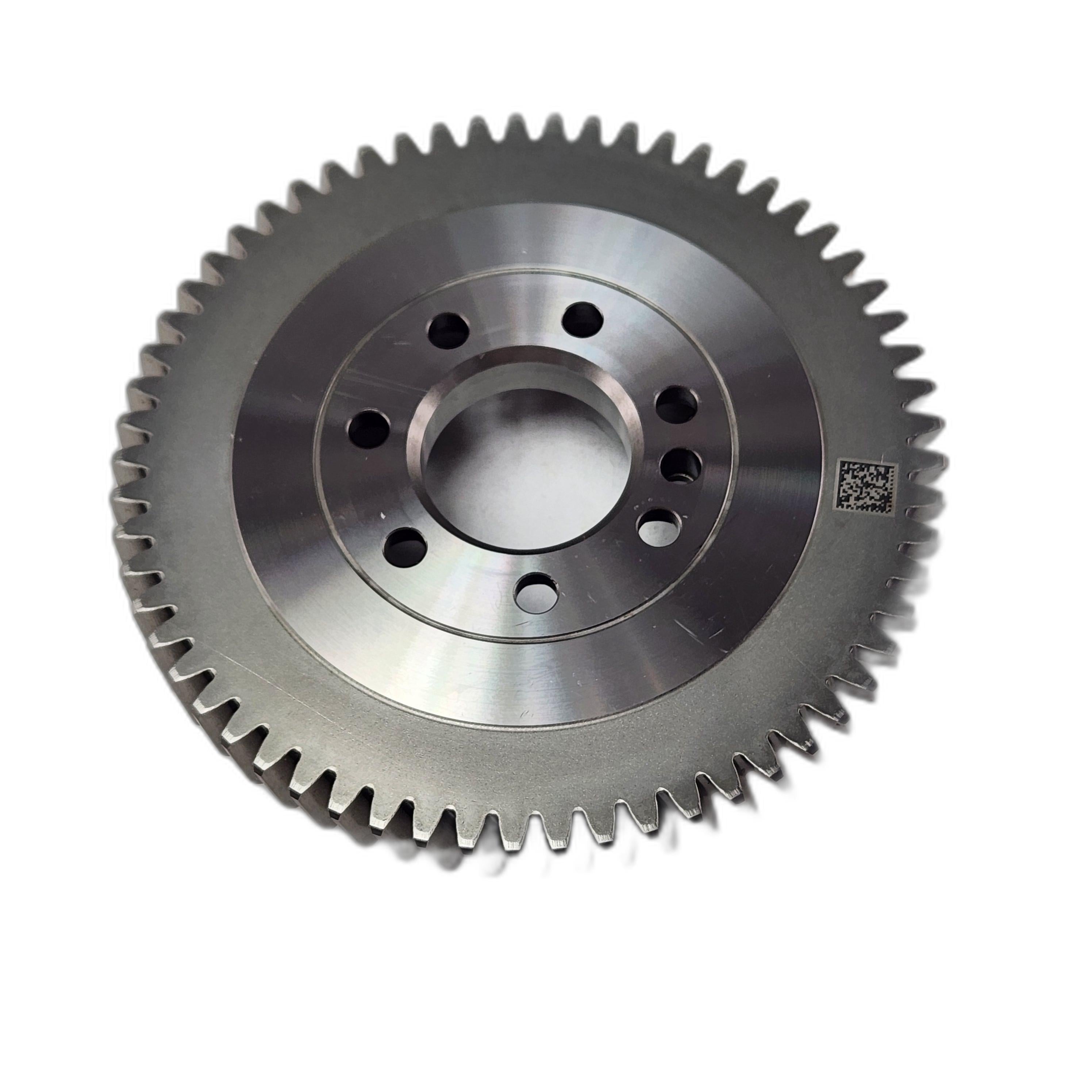 A Gear-Balancer, Drive by Polaris with evenly spaced teeth, multiple circular holes near the center, and a small QR code on the right side, photographed on a white background. Perfect for those seeking Indian motorcycle OEM parts.