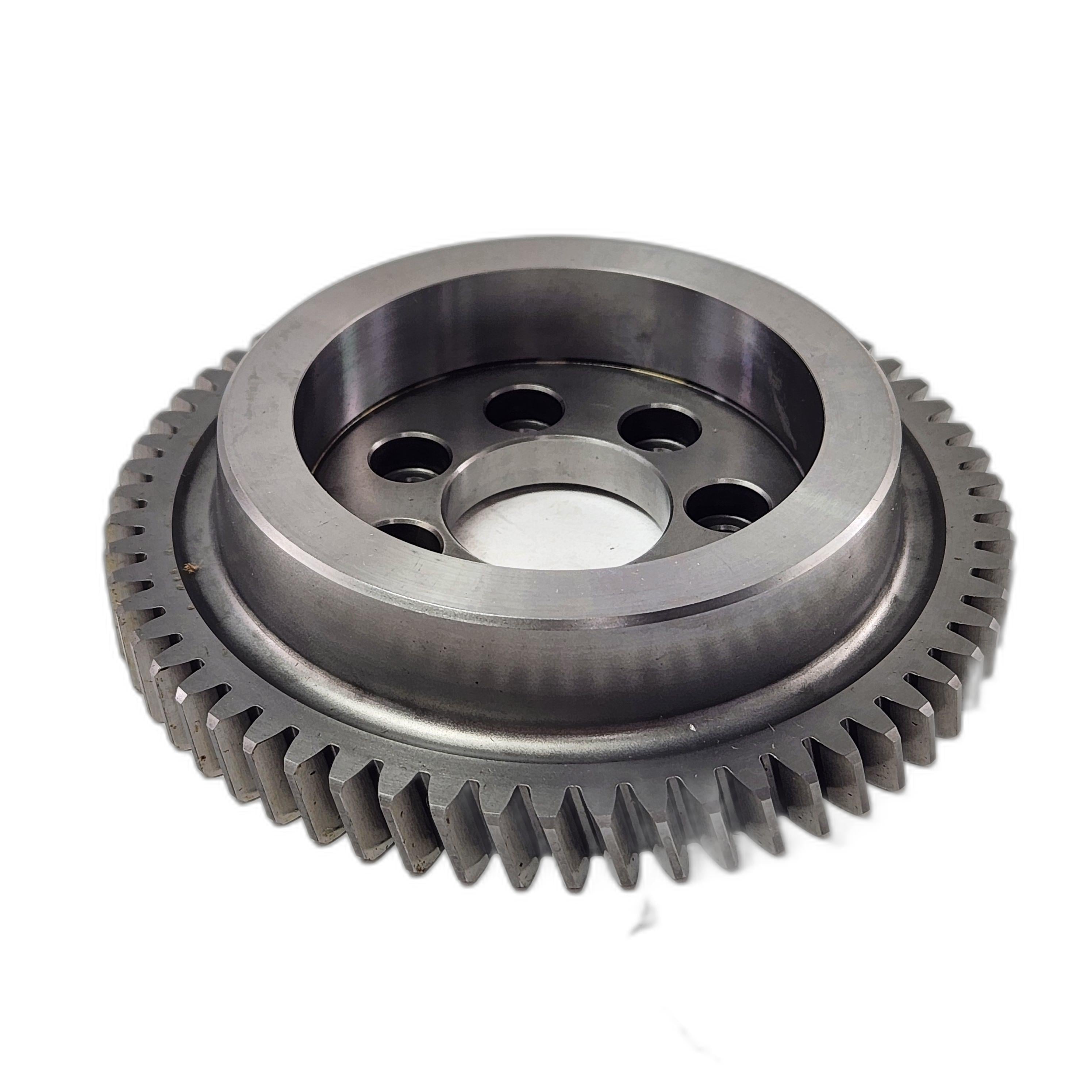 A close-up of the Gear-Balancer, Drive by Polaris shows its evenly spaced teeth and multiple central circular holes, designed for precision performance, set against a white background.