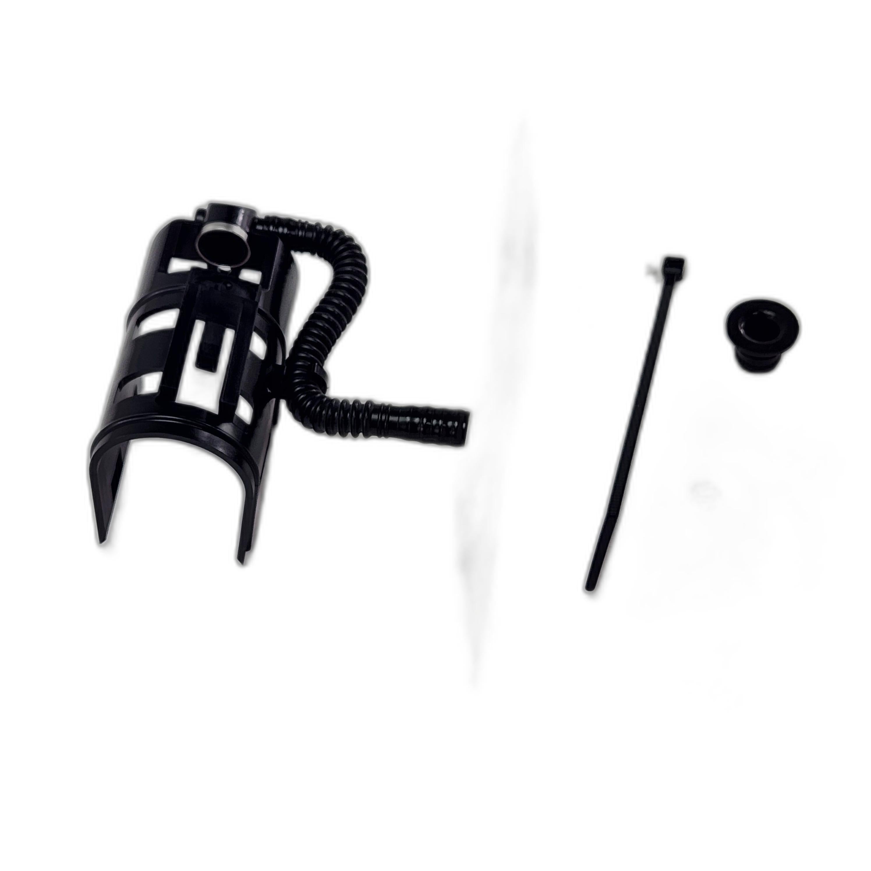 The Polaris Filter Fuel CSR SVC includes a black plastic hose holder with an attached coiled tube, a black zip tie, and a small round cap, all displayed on a white background.