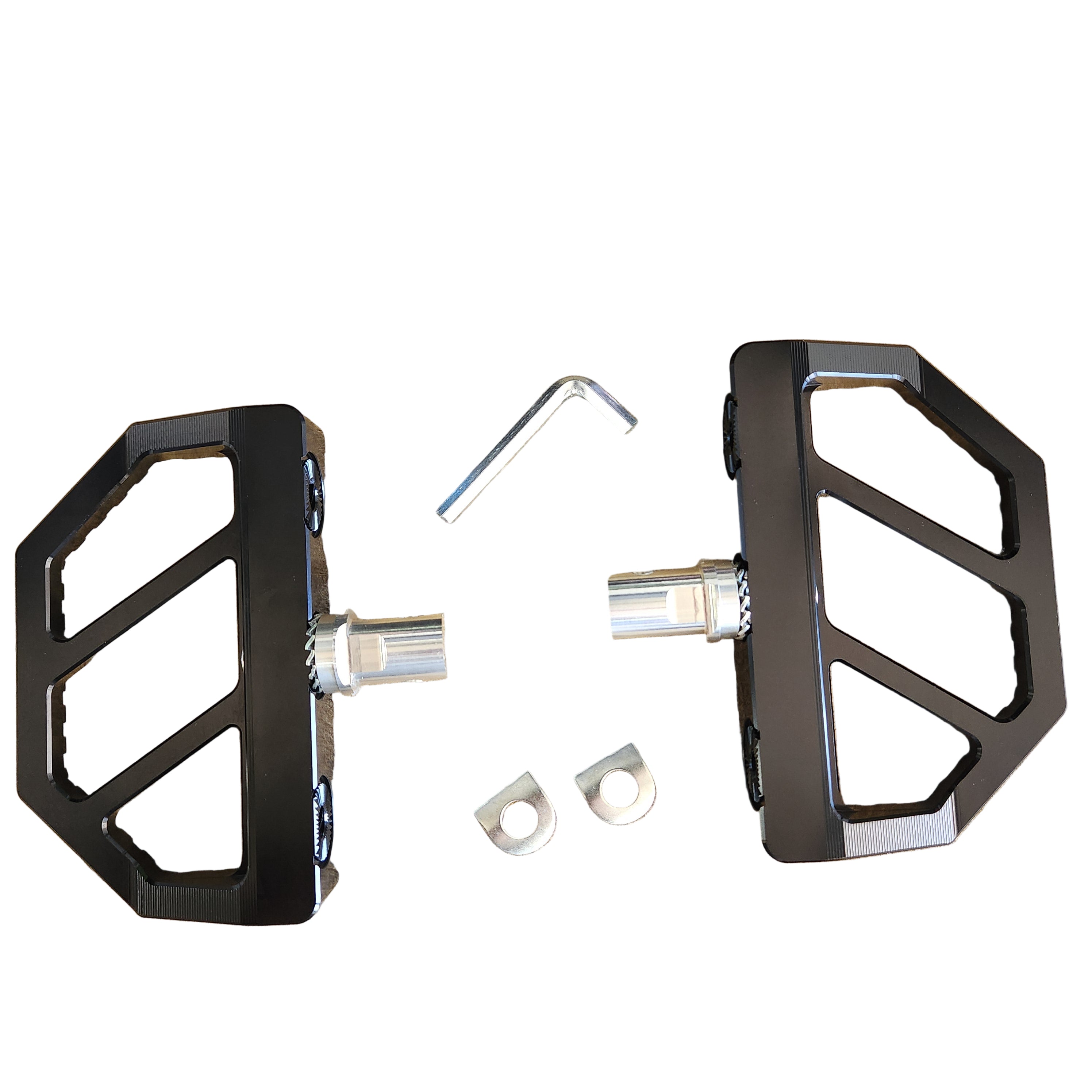 Black metal mini floorboards with angular cutouts, silver mounting rods, two silver adapter clamps, and an Allen wrench.