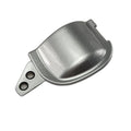 A metallic, curved Cover, Driving Light, LH by Polaris with two circular holes on an extended flat tab is photographed on a white background—perfect as an OEM accessory or for Indian motorcycle parts.