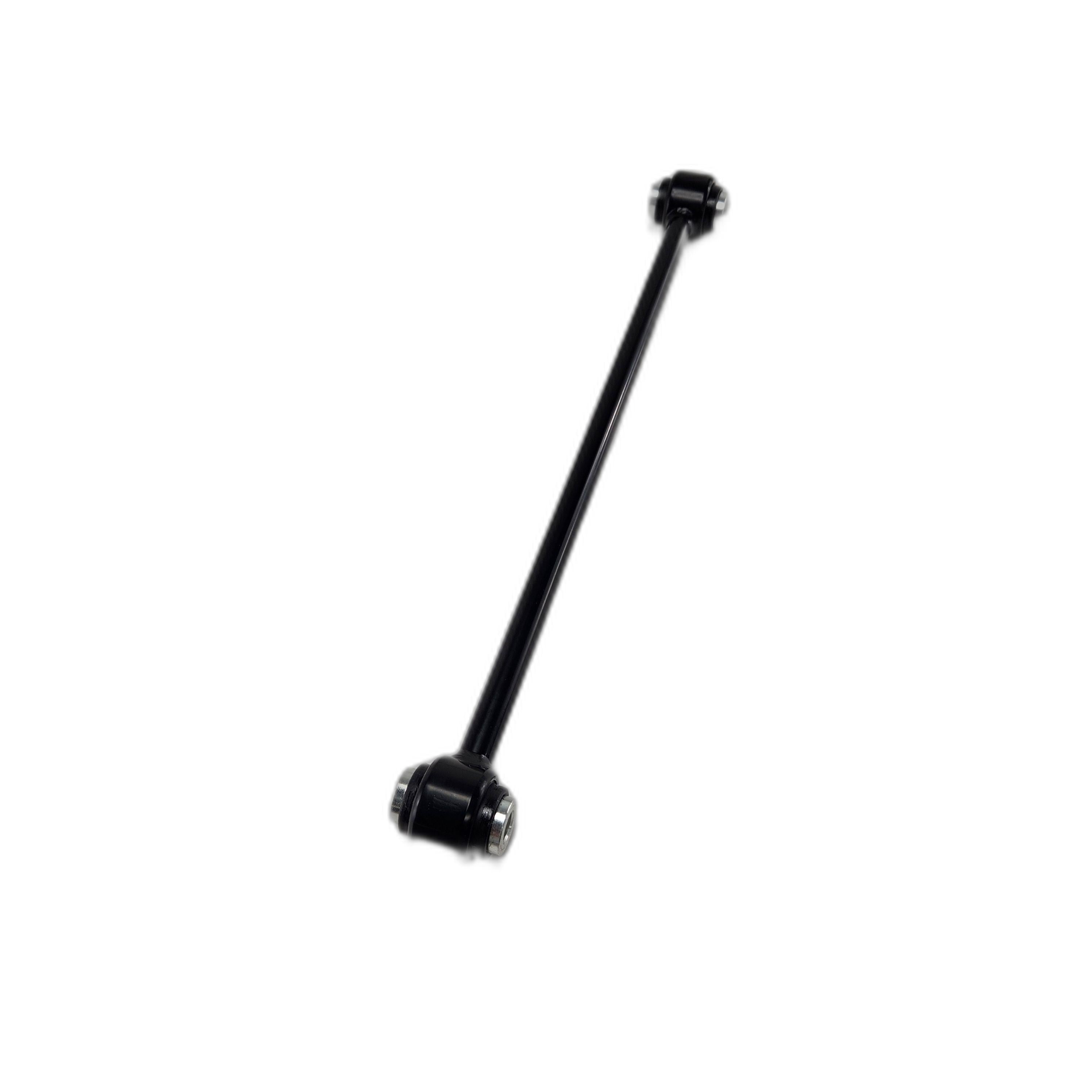 The Assembly-Radius Rod,Blk by Polaris is a black metal rod with cylindrical ends, bolts, and bushings. Perfect for Polaris Off Road OEM or UTV parts replacement or upgrade. Shown isolated on a white background.