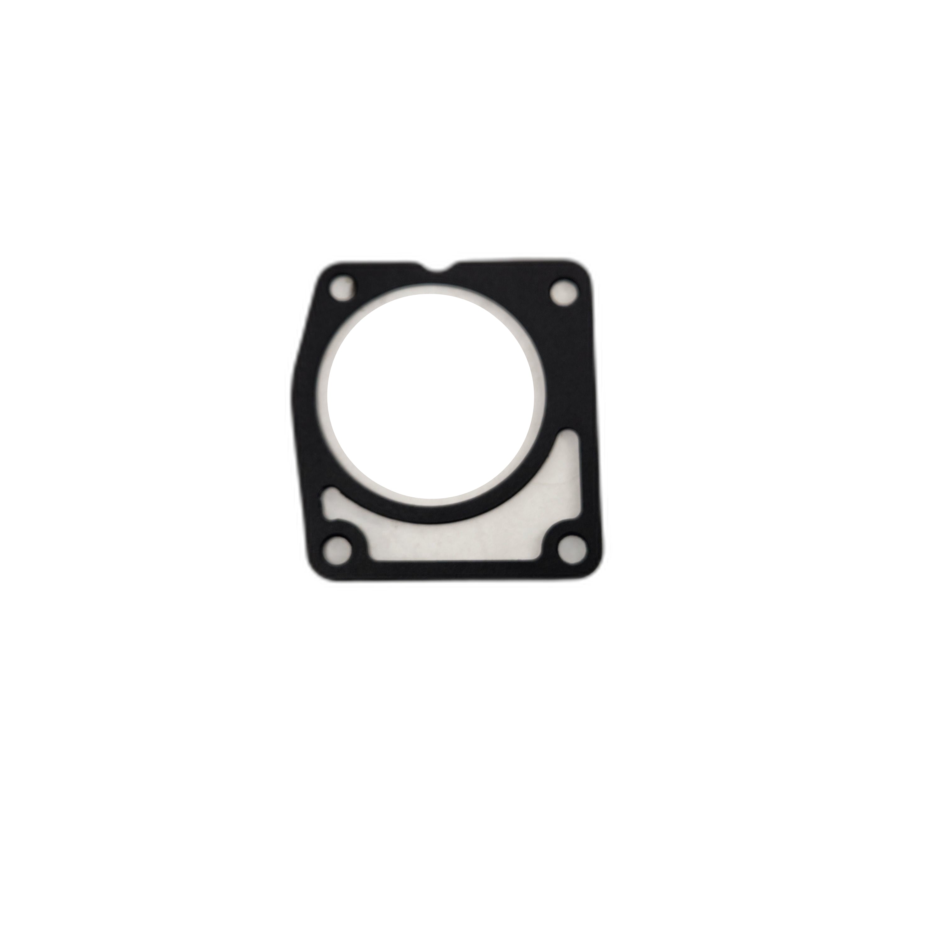A black, rectangular Gasket By Arctic Cat with a large circular opening and three smaller holes for sealing automotive or mechanical parts is shown on a white background.