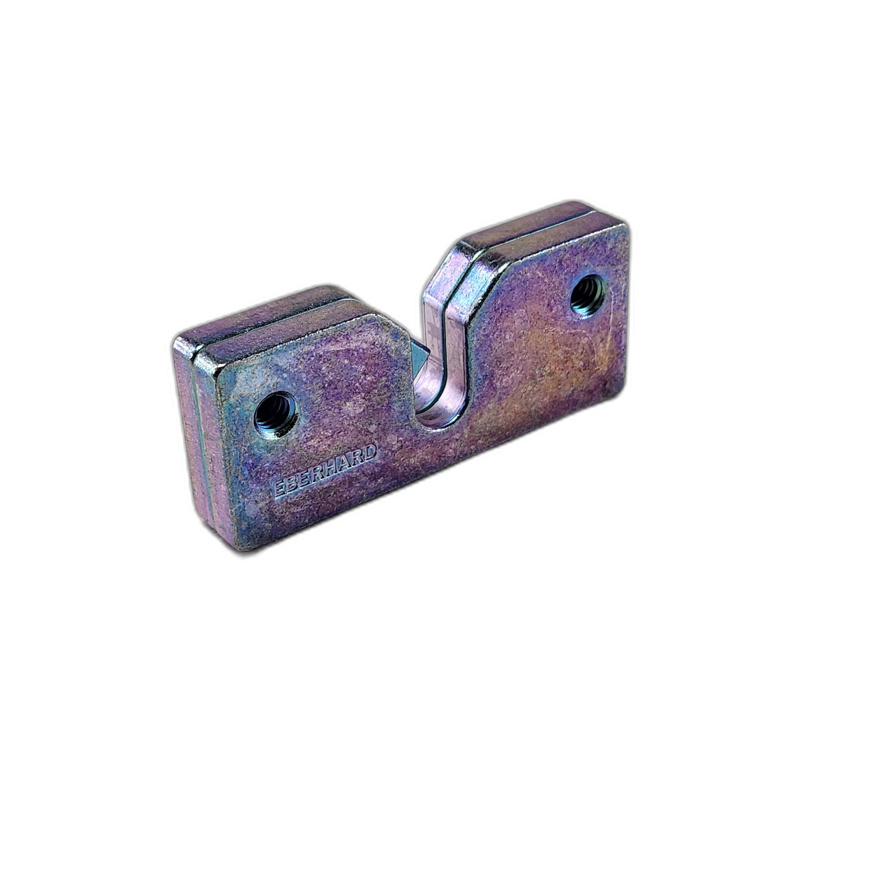 Tailgate Slam Latch by Polaris: A rectangular metal component with two threaded holes and a central U-shaped groove, featuring a multicolored iridescent finish, shown on a white background—commonly used in Polaris UTVs.