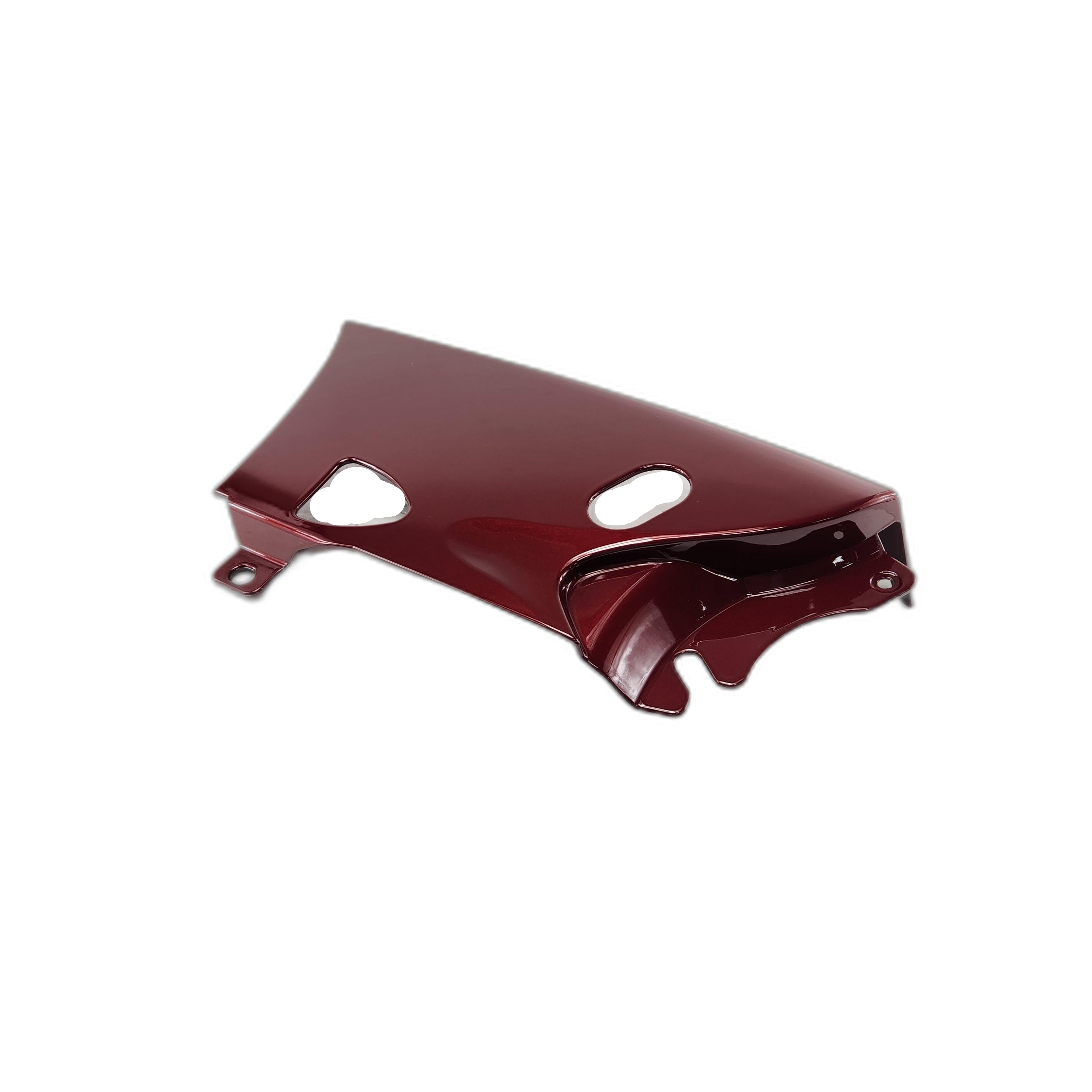 A glossy, maroon plastic Cover Side Lower RH by Polaris, OEM for Indian vehicles, features two cut-out holes and curved edges; shown isolated on white.