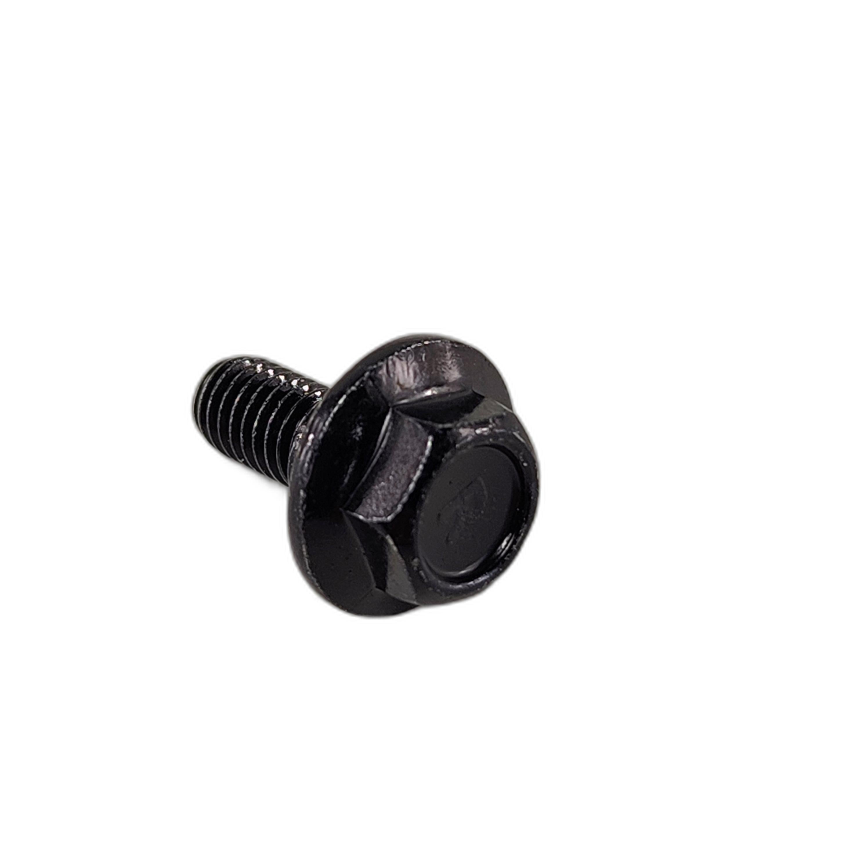 The black metal Bolt M6X14 by CF Moto, featuring a hexagonal head and built-in washer, is shown angled on a white background with the threaded end pointing upward to the left.