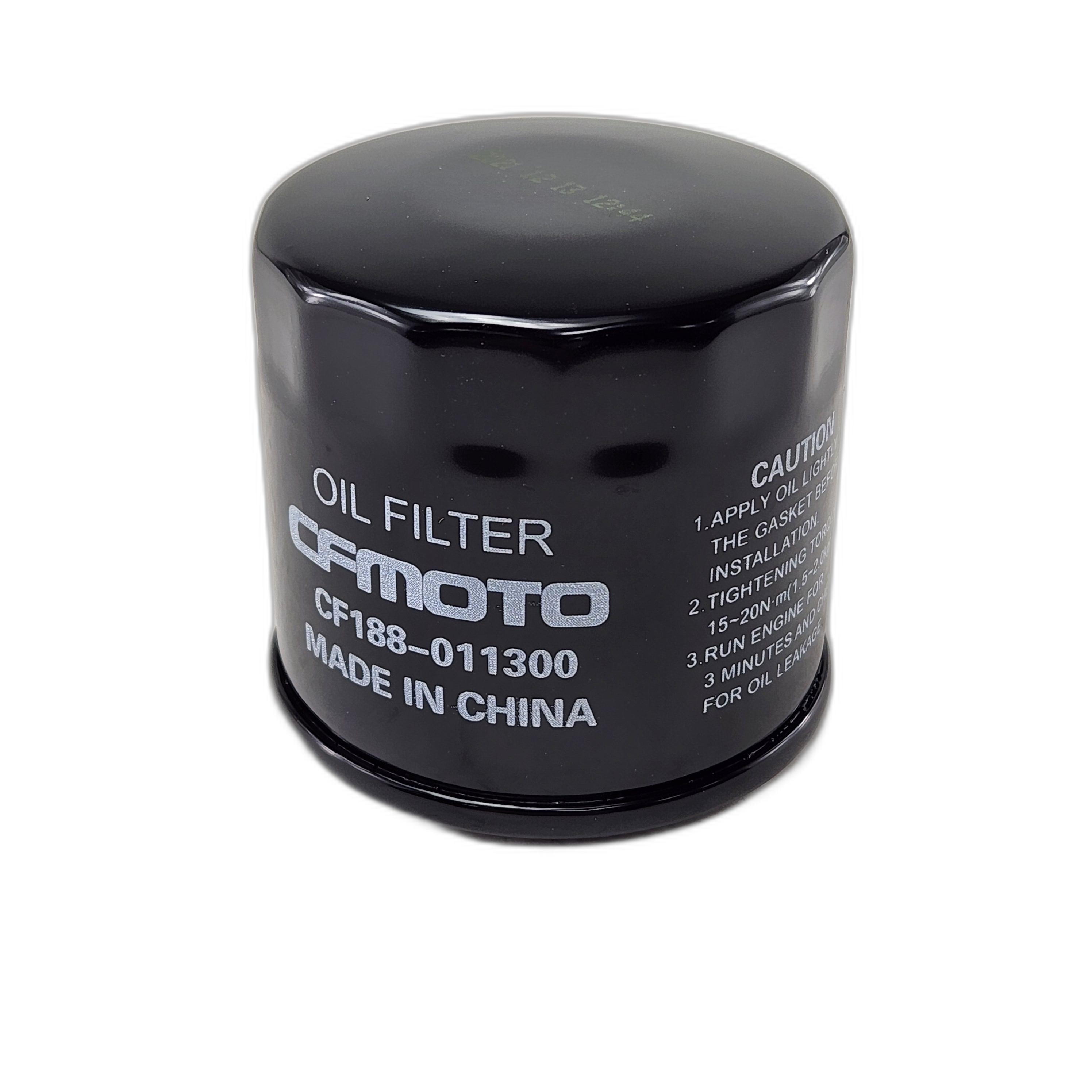 A black cylindrical Oil Filter by CF Moto labeled CF188-011300 with white caution text. This OEM part is made in China and is compatible with various CF-Moto UTV accessories.