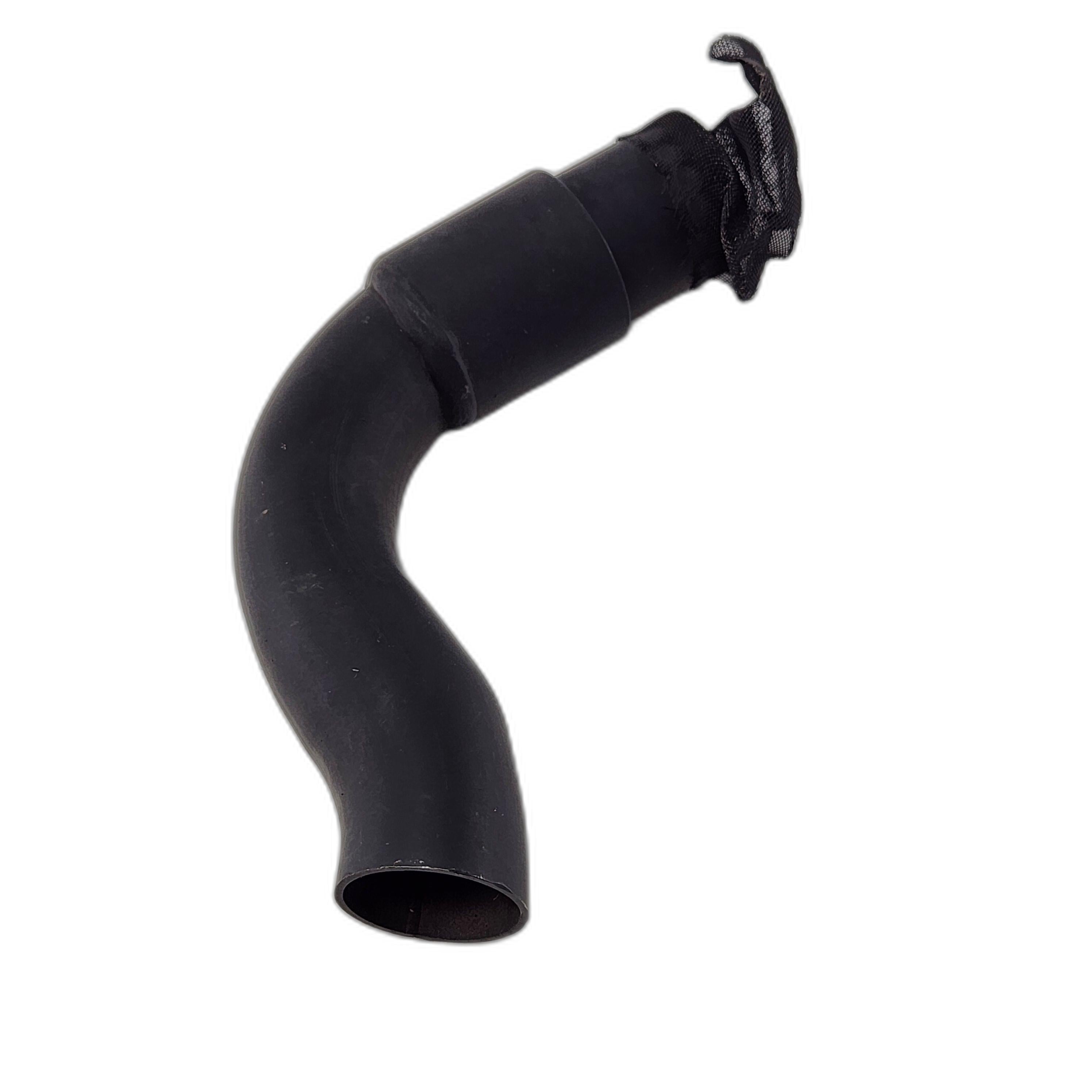 The Spark Arrestor by CF Moto is a black curved rubber hose with an OEM mesh filter, designed for CF-Moto UTVs, shown isolated on a white background.