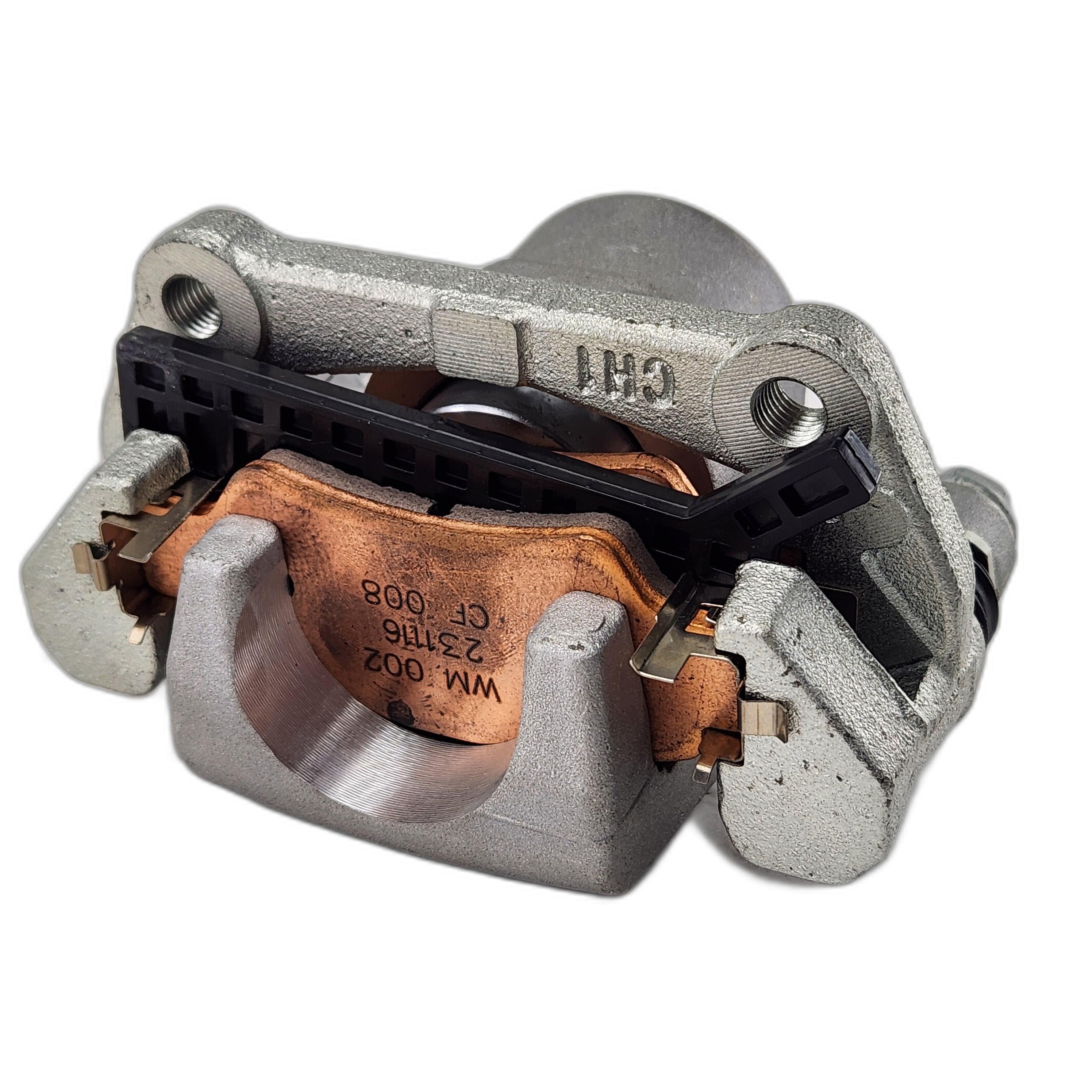 The Rear LH Brake Caliper by CF Moto features copper-colored brake pads and a black clip, ideal for ATV replacement parts seekers; metallic finish shown isolated on a white background.