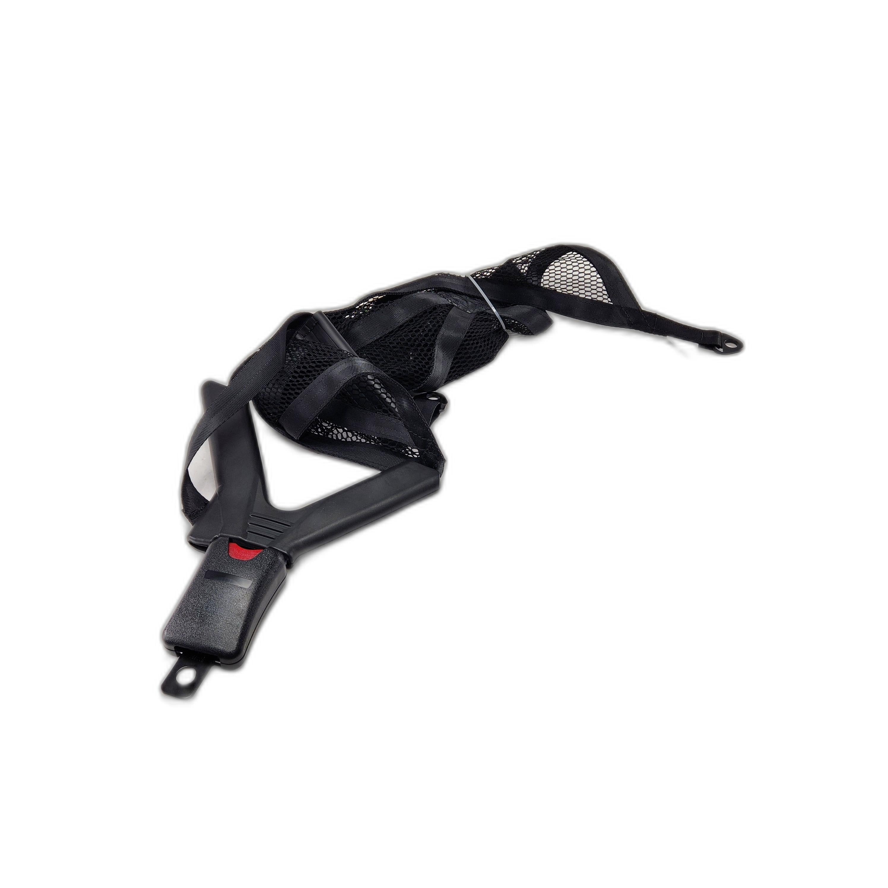 The RH Lateral Net by Can-Am, featuring durable black mesh with a buckle and webbing, is partially coiled with the buckle visible in the foreground—perfect for those needing quality Can-Am UTV accessories.