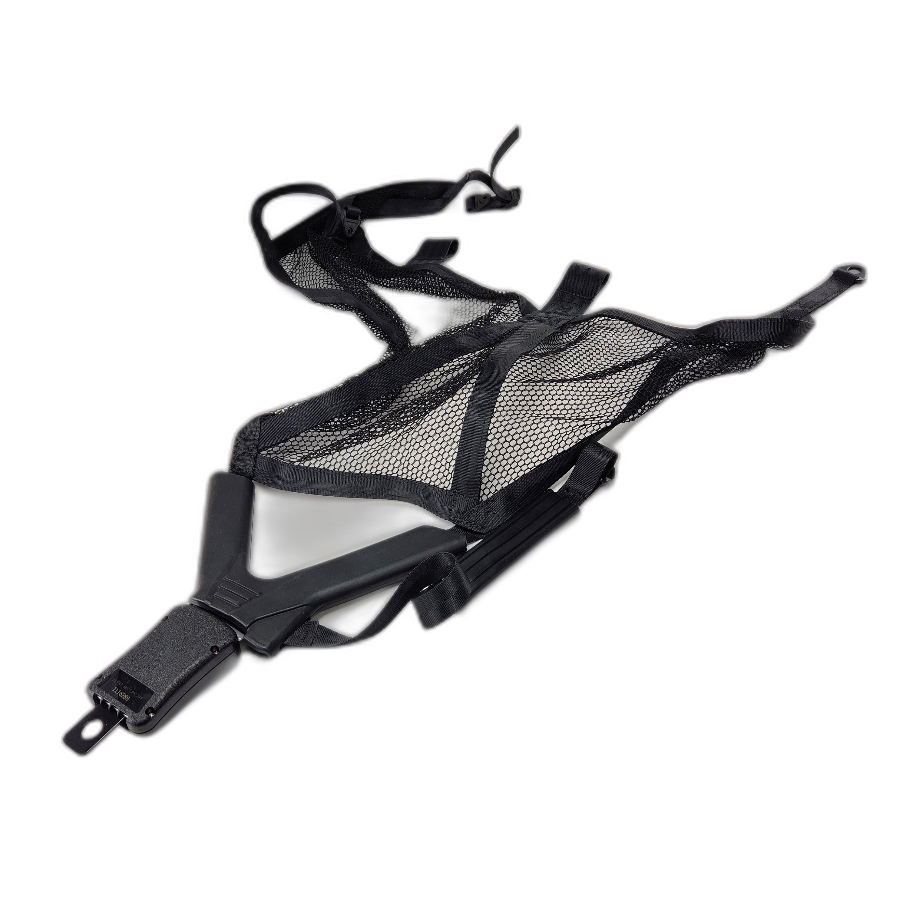 The LH Lateral Net by Can-Am is a black mesh and strap cargo net with plastic buckles, ideal for organizing or securing items—perfect as a Can-Am UTV accessory or ATV replacement part.