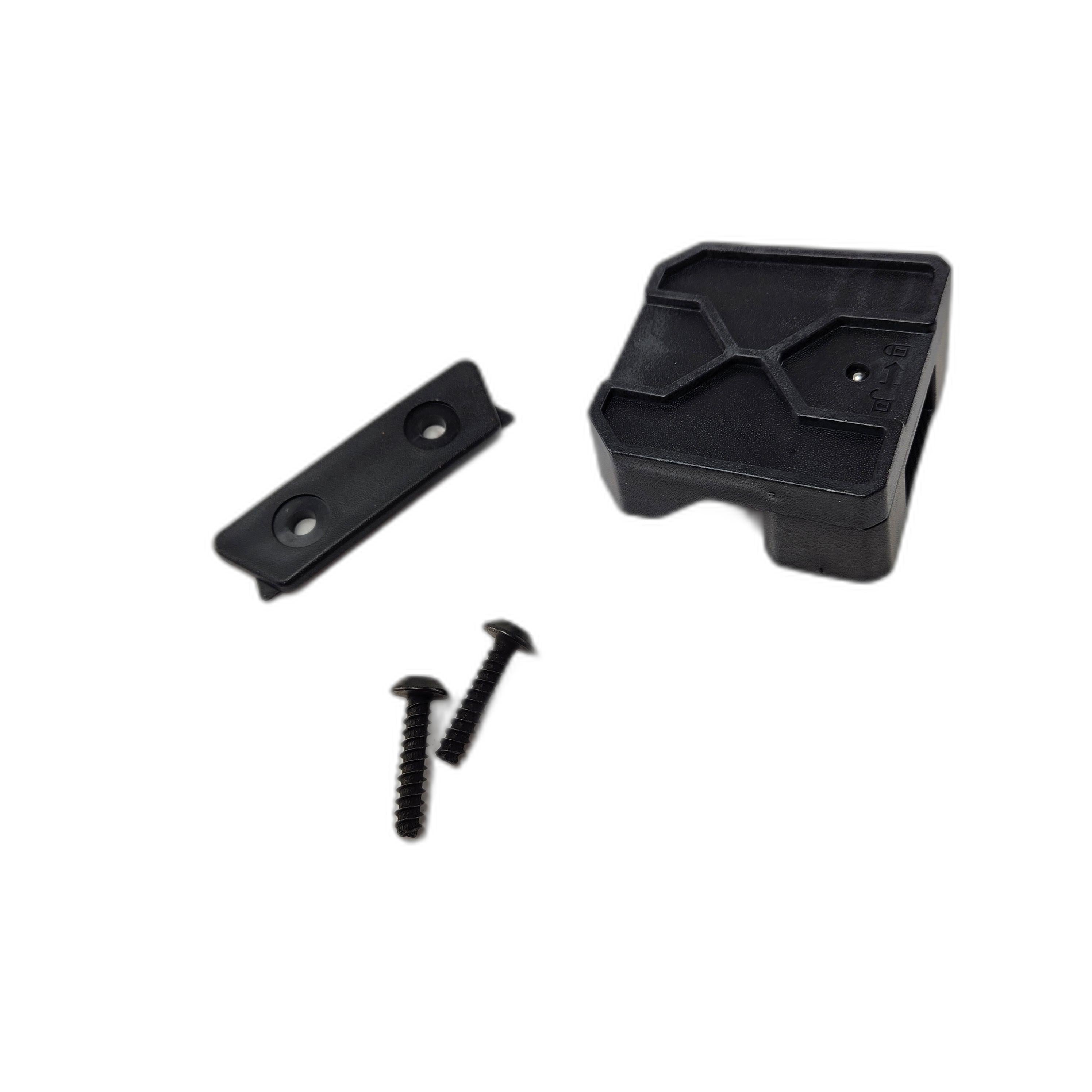 The Can-Am Upper Clamp Assy—a black plastic block—plus a flat black bracket with two holes and two black screws are arranged on a white background.