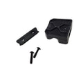 The Can-Am Upper Clamp Assy—a black plastic block—plus a flat black bracket with two holes and two black screws are arranged on a white background.