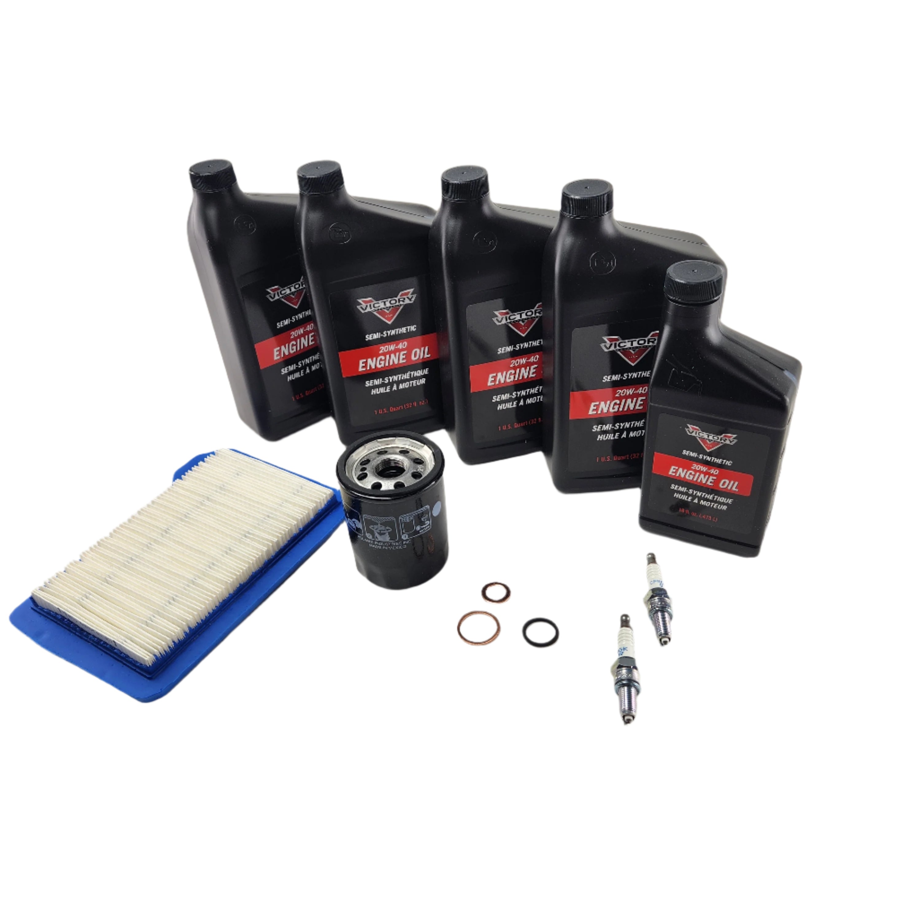 The Motorcycle Maintenance Kit for Victory Steel Frames 2003-2007 by Witchdoctors includes four engine oil bottles, an air filter, oil filter, two spark plugs, and two rubber gaskets, all shown on a white background.