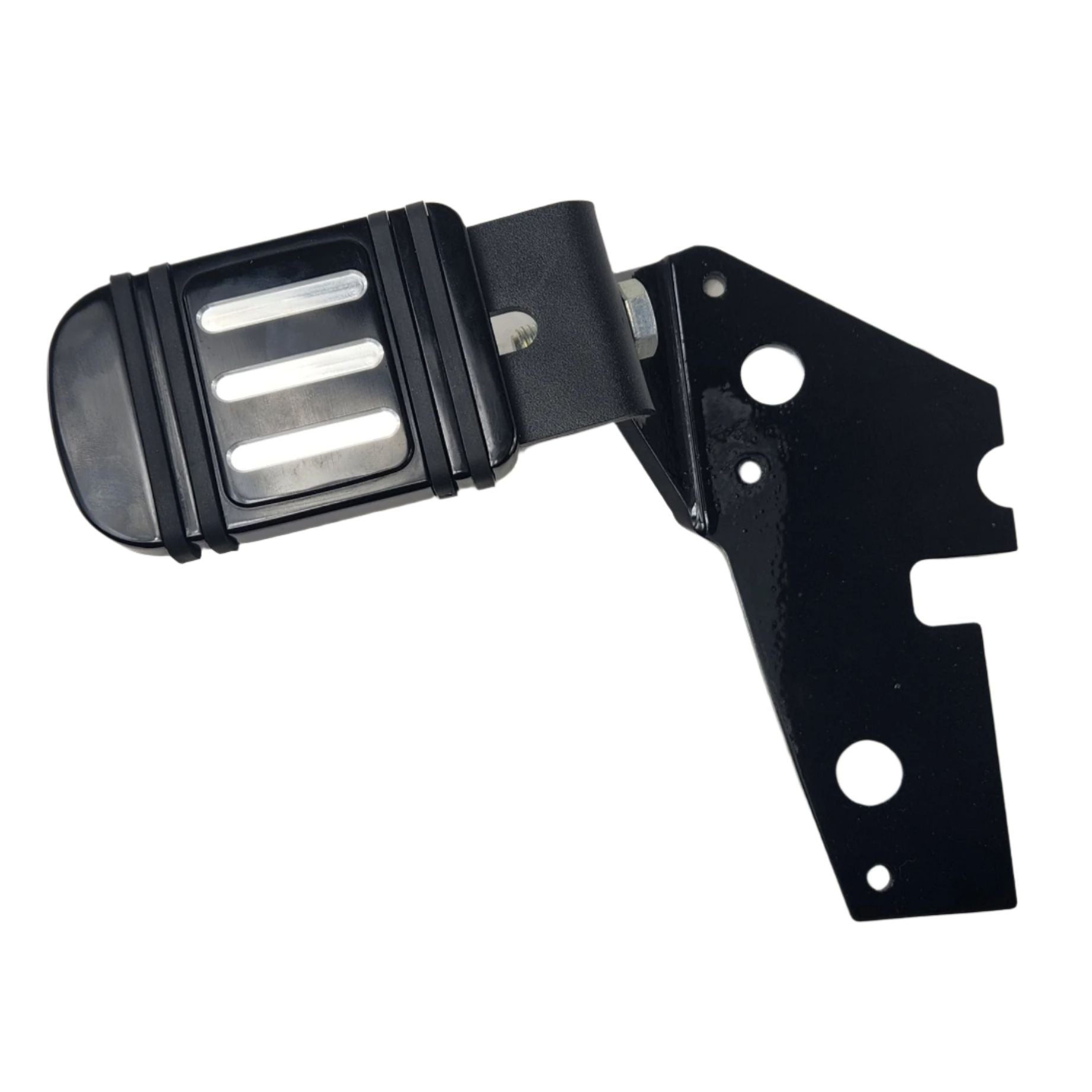 The Adjustable Foot Rest Kit Contrast Cut Style by Witchdoctors is a black metal bracket with a slotted, rectangular design, featuring multiple holes and angles for enhanced motorcycle comfort and versatile mounting.