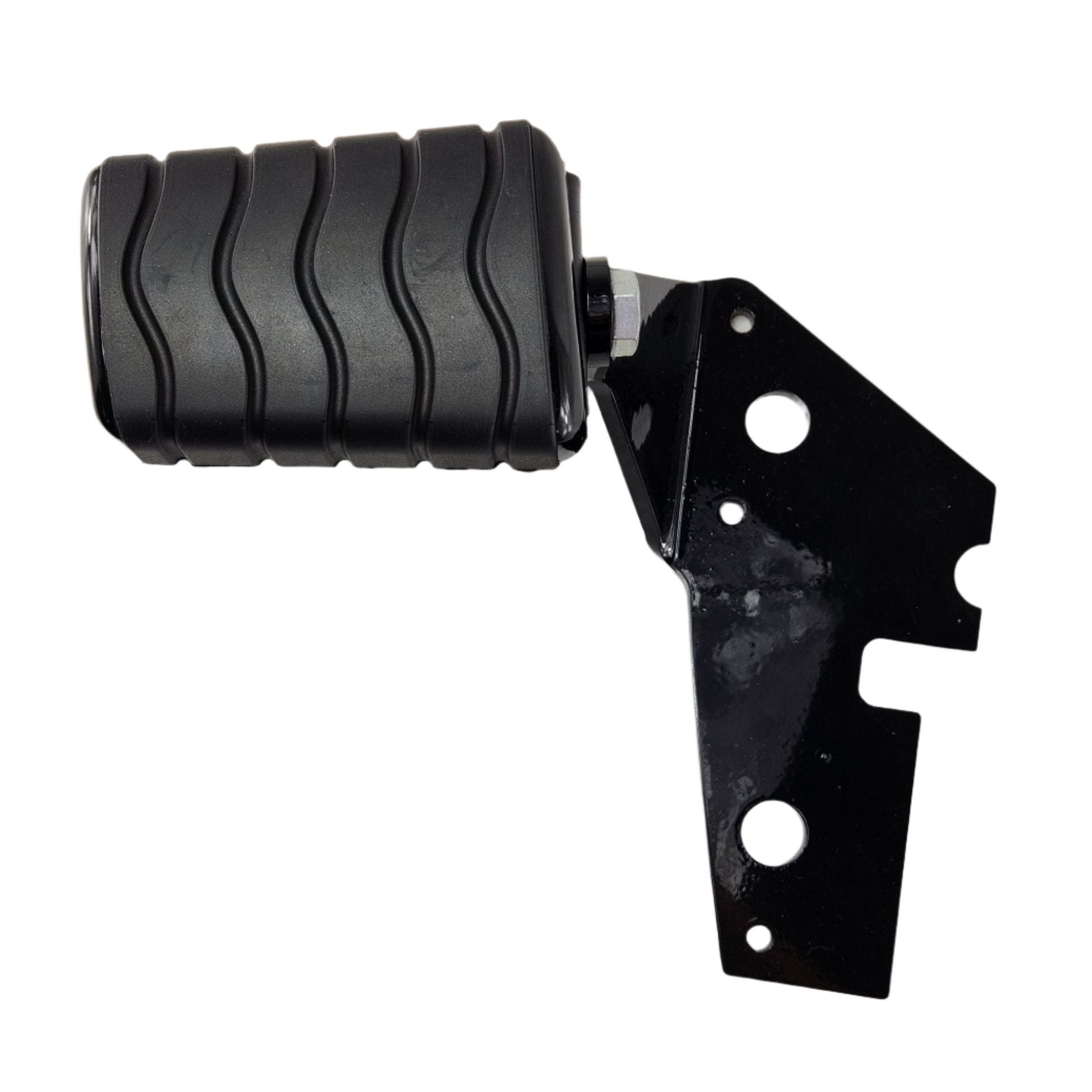 A black metal bracket with a large, textured cylindrical rubber footrest—an Adjustable Foot Rest Kit Anti Vibration Style by Witchdoctors—sits on a scratched white surface, ideal for upgrading motorcycle comfort accessories.