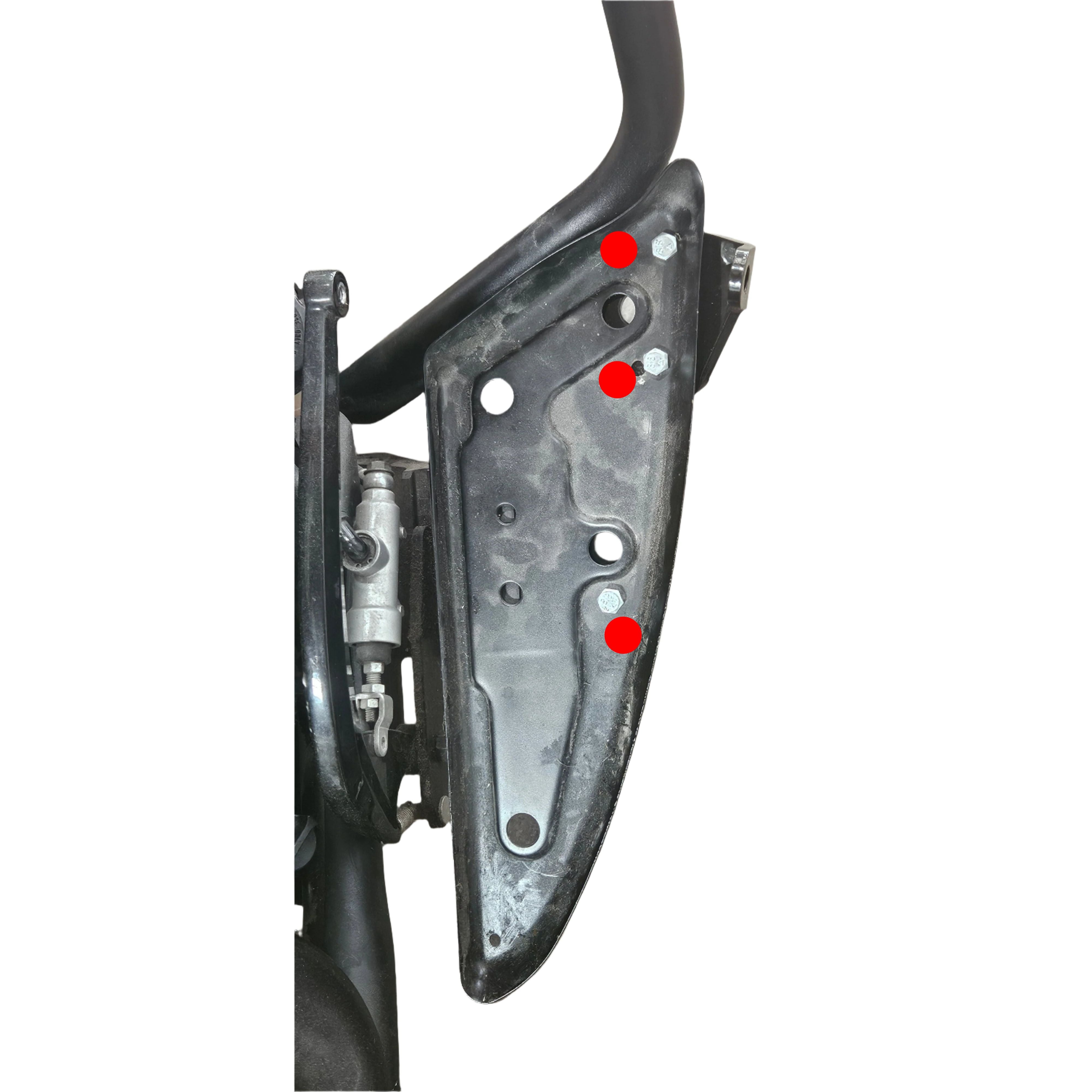 Cross country floorboard highway peg mounting bolt locations in red dots