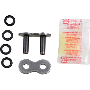 The 520 Max X Connecting Link Rivet by RK includes a replacement link, four O-rings, a clip, and chain grease packet, all arranged on a white background.