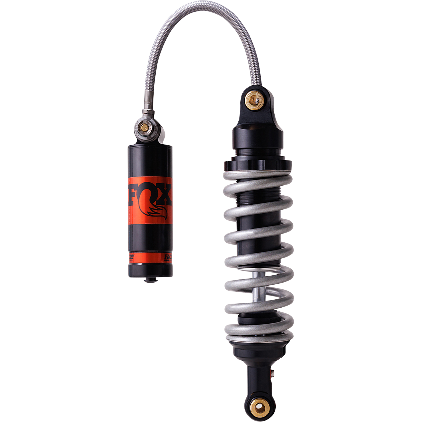 The Yamaha Banshee Single Spring Black 2.0 Podium Rc2 Shock by Fox is a metallic coil shock absorber with a connected reservoir canister, velocity-sensitive damping, and an orange-and-black Fox logo label on the canister.