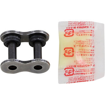 The 525 Max X Connecting Link Rivet by Rk, a metal motorcycle chain link with two pins and a small lubricant packet, is displayed on a white background.