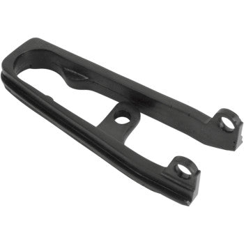 The Kawasaki KFX / Suzuki LT-Z Front Chain Slider Black by Moose Offroad is a black, elongated bracket with two mounting holes and a curved slot, designed for easy installation and proudly made in the U.S.A.