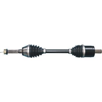 The Polaris Sportsman CV Axle Kit Complete Front Left & Right Heavy Duty by Moose Offroad features black rubber boots, durable metal joints, and a chromoly steel shaft, shown on a white background.
