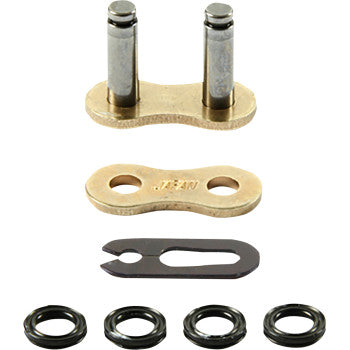 Gold-colored metal MXR X Ring clip connecting link set with pins, plate, and black spring clips.