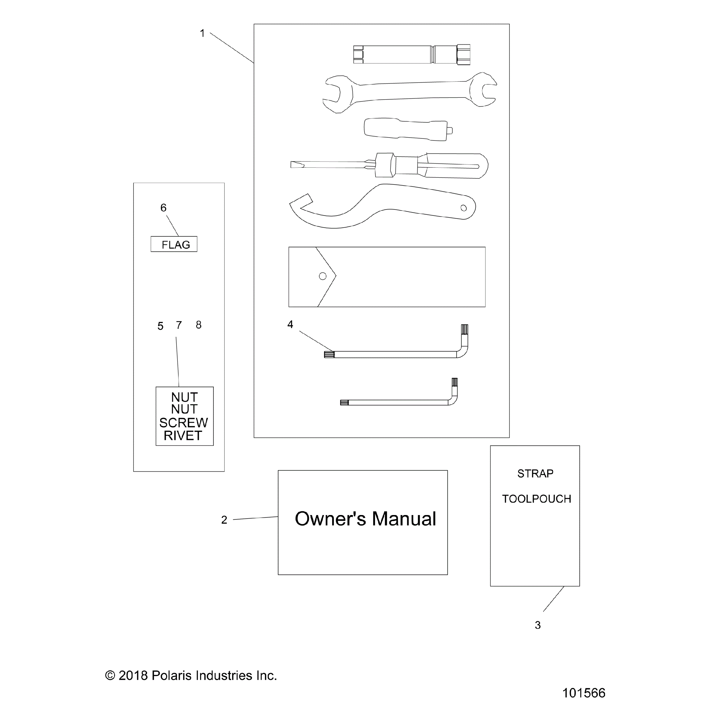 An Image of a Genuine Polaris Parts Schematic Diagram showing the schematic - REFERENCE: TOOL KIT and OWNERS MANUAL - 2021 POLARIS ACE 150 EFI