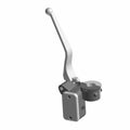 Silver metal front brake master cylinder with lever and round fluid reservoir cap.