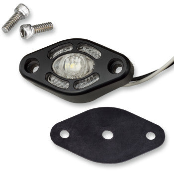 The Polaris RZR 1000 Omega Dome Light by Joker Machine is a compact black waterproof LED light that includes two screws, a wiring cable, and a matching black mounting gasket with holes for easy installation.