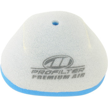 The Yamaha Premium Air Filter by Pro Filter features gray foam with a blue base, a small top center hole, and the Profilter Premium Air logo in black—engineered for superior filtration and maximum engine performance.