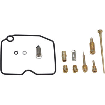 The Arctic Cat Carburetor Repair Kit by Shindy includes jets, screws, a spring, float valves, needle sets, and gaskets, all organized neatly on a white background.
